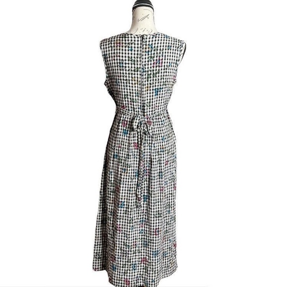 Vintage 80s Black White Check Floral Print Sleeveless Dress - Picture 3 of 6